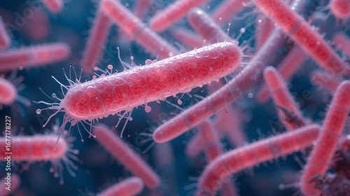 Close-up of rod-shaped Salmonella typhi bacteria: gram-negative, flagellated pathogens causing typhoid fever and systemic infections