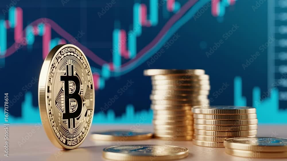 Golden bitcoin coin with stacks of crypto coins against a blurry background of a financial trading chart, representing investment in cryptocurrency and blockchain technology