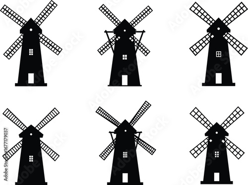 Windmill Silhouette Icons, Vintage Rural Windmills, Farm Landscape, Black and White Windmill Designs, Traditional Windmill Symbols