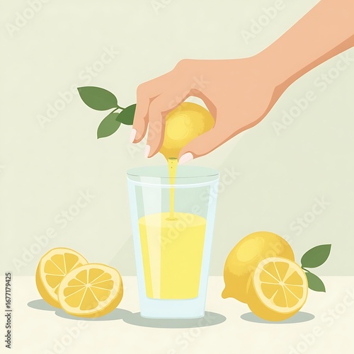 Fresh Lemon Juice: A Hand Squeezing Lemon into Glass, Vibrant Illustration