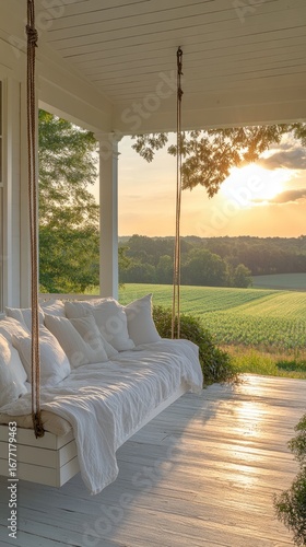 Relaxing swing on the porch overlooking serene farmland at sunset offers peaceful country escape