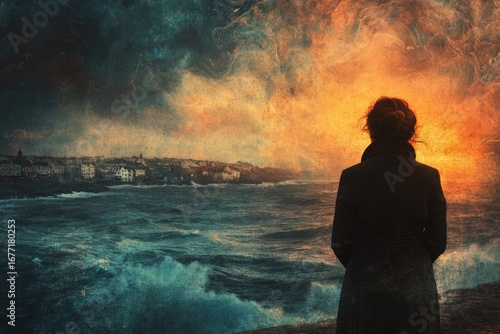 Woman gazes at dramatic stormy sea and coastal town under vibrant, textured sky
