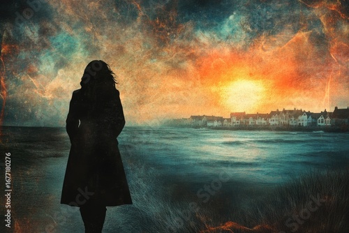 Solitary figure contemplates stormy seaside village at vibrant sunset with textured sky and ocean waves