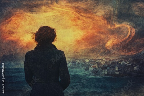 Woman watches dramatic sky over coastal town, evoking contemplation and atmospheric mood.