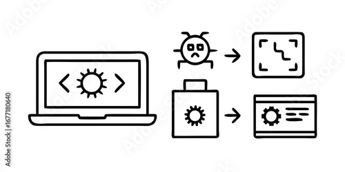 Illustration of a computer with a virus being fixed through software updates and programming, representing cybersecurity and technology solutions