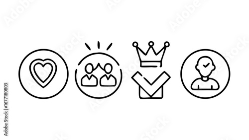Illustration of customer satisfaction and loyalty icons with heart, group, crown, and check mark, representing approval and positive experience