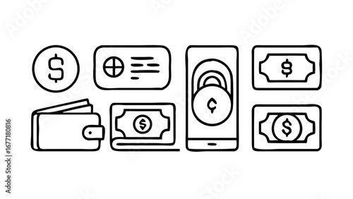Illustration of money and payment icons featuring coins, cash, wallet, and smartphone for business, finance, and online transactions in a minimalist design
