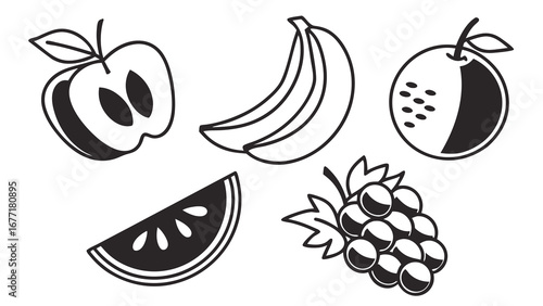 Illustration of various fruits, including apple, banana, orange, grapes and watermelon, perfect for illustrating healthy eating habits and nutritional benefits