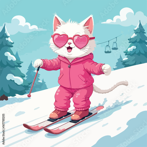 winter, snow, cartoon, vector, illustration, christmas, ski, sport, fun, holiday, snowboard, boy, cat, cold, child, ice, snowboarder, design, animal, season, sky, art, people, mountain, santa
