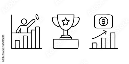 Vector art of a set of business and financial success icons, illustrating growth, achievement, and monetary gain in a clean and modern design