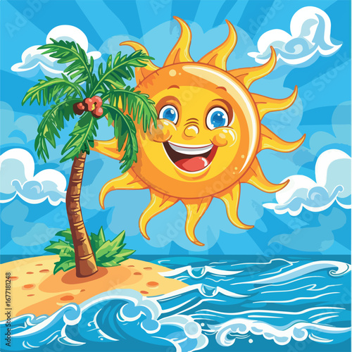sun, cartoon, illustration, vector, summer, nature, smile, sky, cloud, fun, child, animal, face, sunny, design, flower, drawing, sea, art, day, beach, lion, weather, water, sunlight