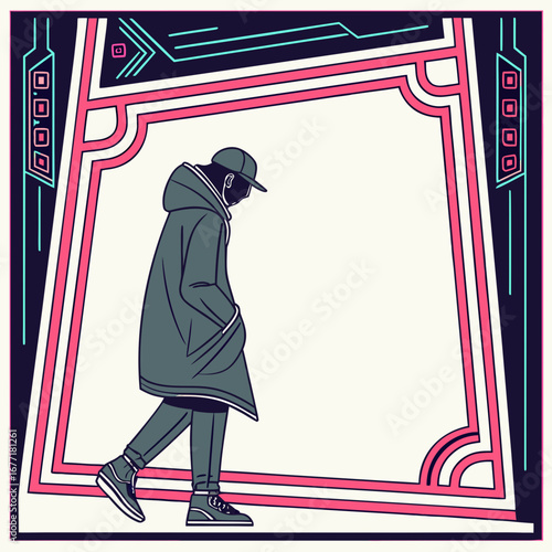 Vector art of a stylish frame featuring a man in fashionable attire, perfect for urban fashion designs, street style illustrations, and modern graphic art projects