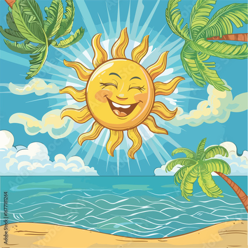 sun, cartoon, illustration, vector, summer, nature, smile, sky, cloud, fun, child, animal, face, sunny, design, flower, drawing, sea, art, day, beach, lion, weather, water, sunlight