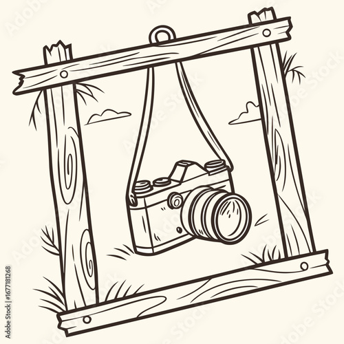Vector art of a vintage camera hangs within a rustic wooden frame, capturing the essence of oldschool photography and natures beauty, , perfect for adding a nostalgic touch