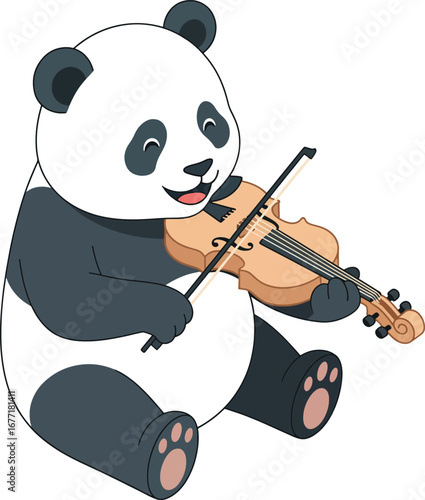 A cute cartoon panda happily playing a classical violin with a bow while sitting down.