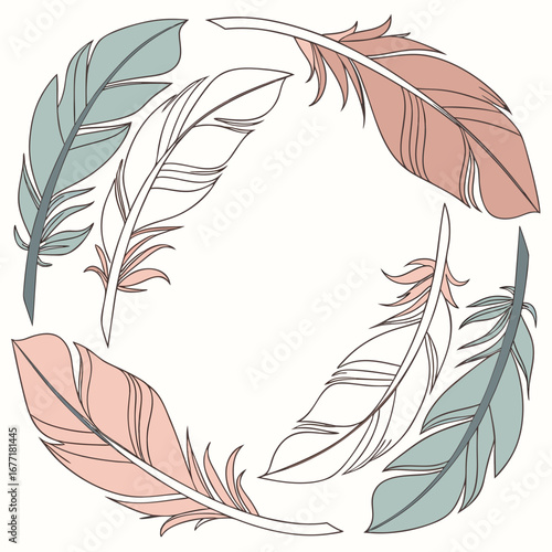 Vector art of boho style circle frame made of feathers in pastel colors, , creating a decorative and artistic design element with a vintage and ethnic feel for various applications