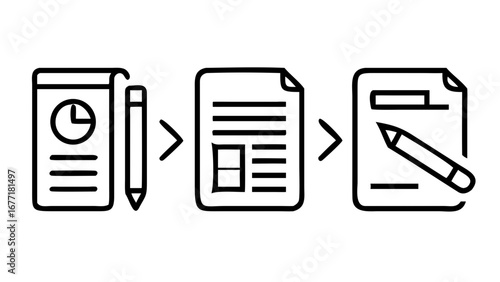 Vector art of document workflow a linear illustration depicting the process of data analysis, report writing, and editing with pencil and arrows, ideal for business and project management