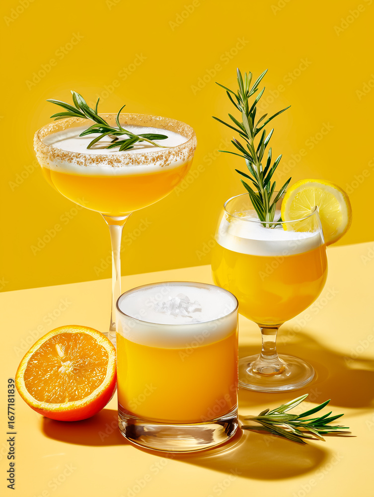 Fototapeta premium Refreshing yellow cocktails garnished with rosemary and lemon, perfect for summer gatherings and vibrant celebrations.