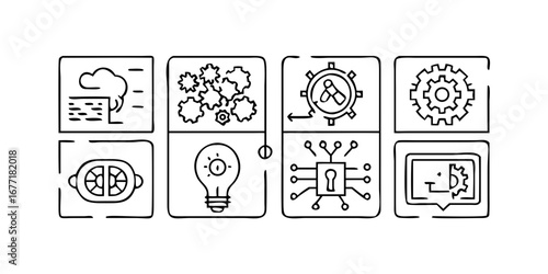 Vector art of innovation and technology process icons, representing ideas, solutions, systems, and mechanisms for automation, engineering, design, and strategic development