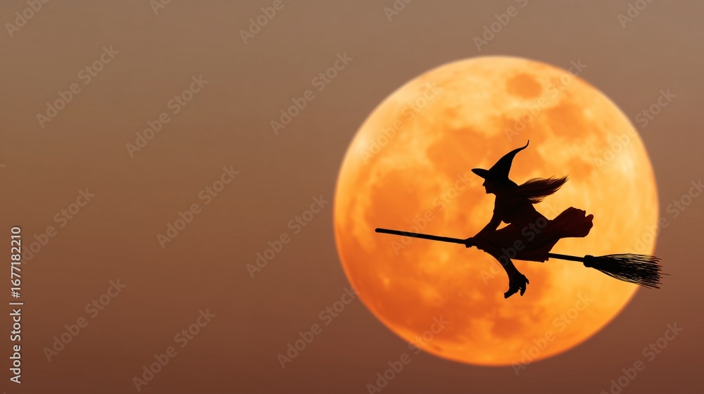 Fototapeta premium A silhouette of a witch flying on a broomstick against a huge orange moon 