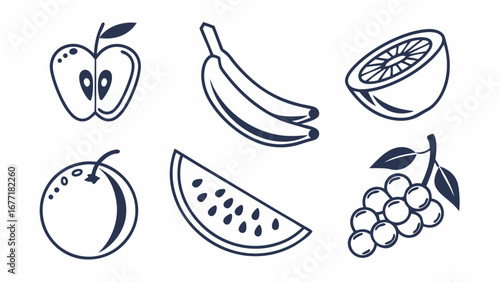 Vector art of line art illustration of various fruits, including apple, banana, orange, grapes and watermelon, perfect for illustrating healthy eating habits and nutritional benefits