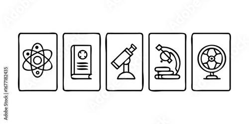 Vector art of science and education icons set featuring atom, book, telescope, microscope, and fan, symbolizing research, learning, and scientific exploration