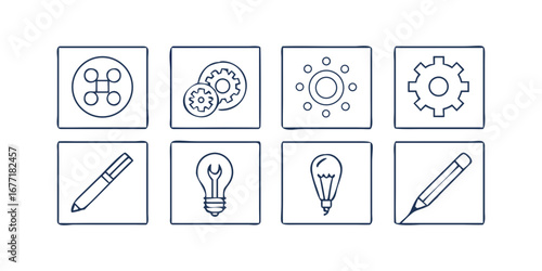 Vector art of set of business and management icons command key, gear, bulb, pen, pencil, idea, light, innovation, creativity, solution, planning, strategy, report, analysis