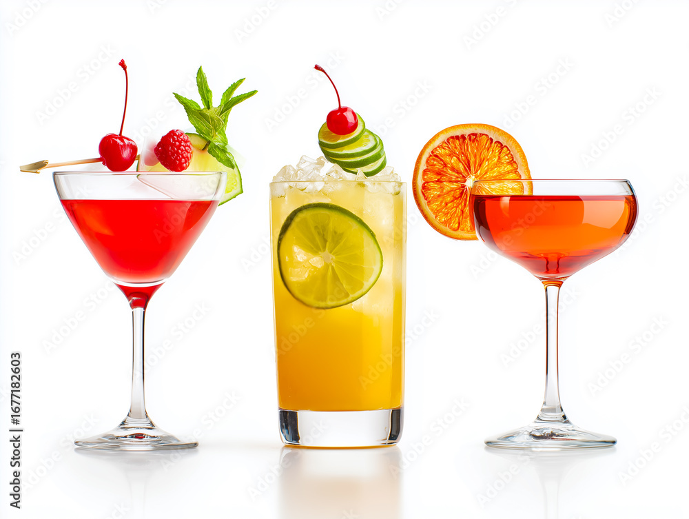 Fototapeta premium A vibrant display of three refreshing cocktails with colorful garnishes, perfect for summer gatherings and celebrations.