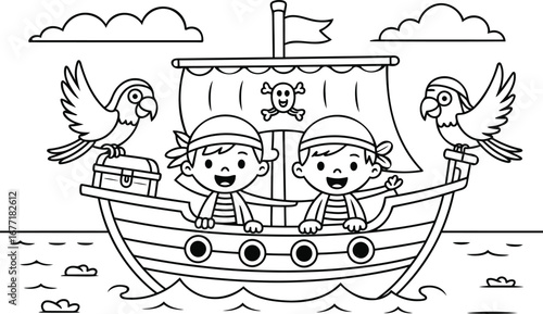 Happy Pirate Boys Sailing Ship Cartoon Line Art Illustration