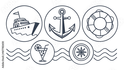 Vector art of set of linear icons representing cruise ship, anchor, lifebuoy, cocktail, and compass, perfect for vacation and travel concepts