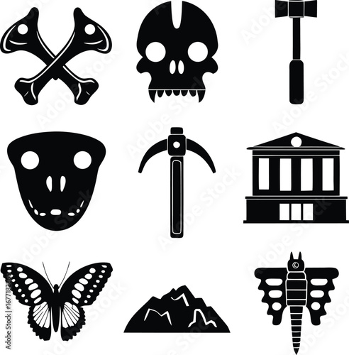 Archaeology and Paleontology Silhouette Icon Set – Skulls, Fossils, Tools, and Museum Vector Graphics