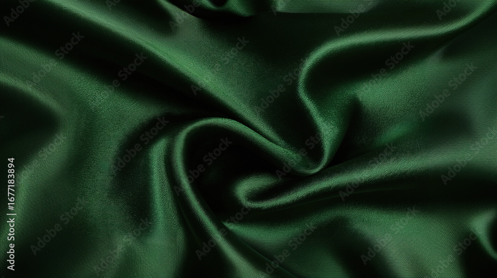 Fototapeta premium Close View of Dark Green Silk with Smooth Wavy Folds and Soft Gloss