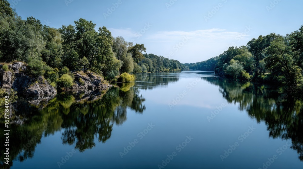 Fototapeta premium A serene river flows through a lush green valley, its calm waters reflecting the surrounding trees and rocky banks, creating a tranquil and peaceful scene.