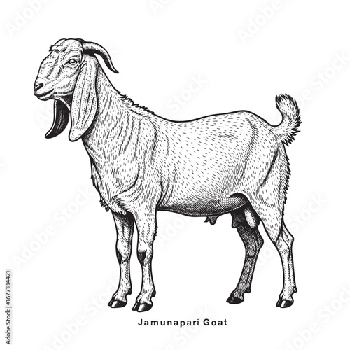 Vintage clipart goat. Jamunapari Goat engraving illustration