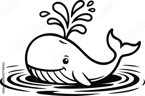 Adorable Cartoon Whale Spouting Water, Black and White Line Art, Childlike Joyful Mood