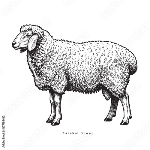 Sheep sketch style. Karakul Sheep drawing.  engraving, ink, line art, vector