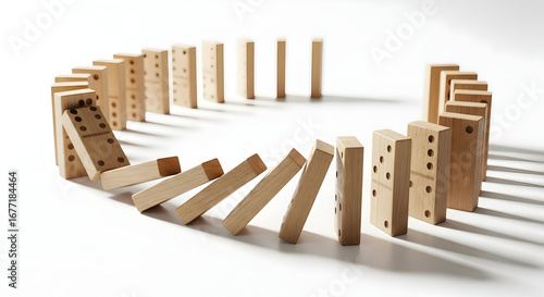 Wooden dominoes falling in sequence across a reflective surface illustrating chain reaction, cause and effect and risk management