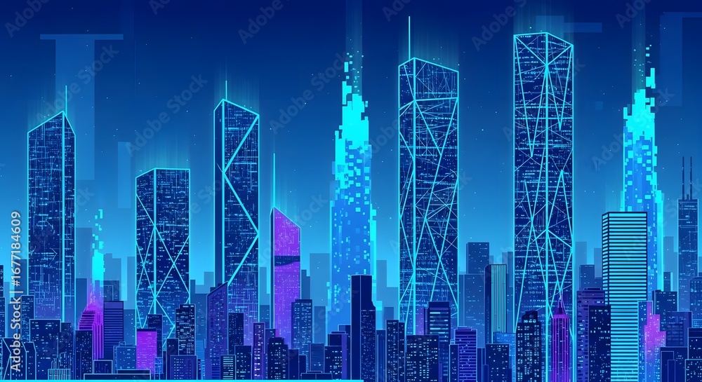 Obraz premium Abstract Futuristic Neon City Skyline at Night