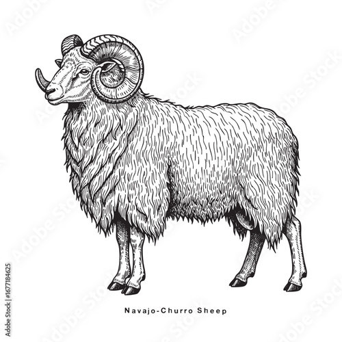 Sheep sketch style. Navajo Churro Sheep drawing.  engraving, ink, line art, vector