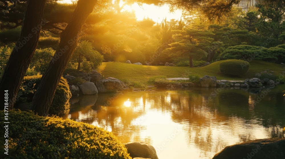 Obraz premium photorealistic, medium shot, golden hour, vintage, minimalistic, japanese garden 