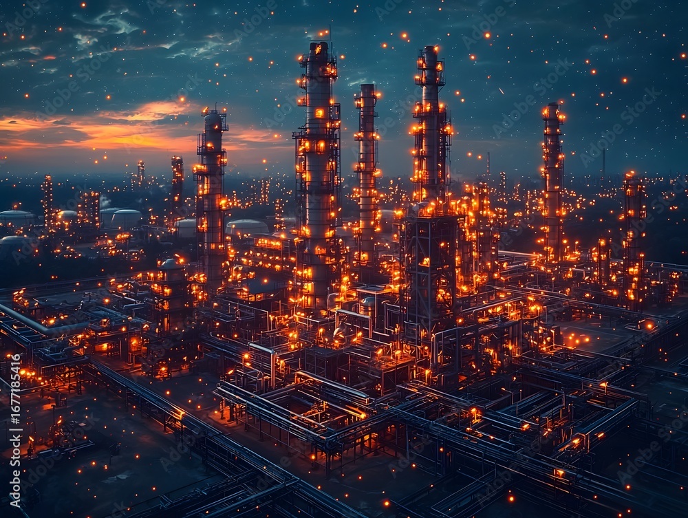 Fototapeta premium Illuminated oil refinery in a vibrant industrial cityscape at night