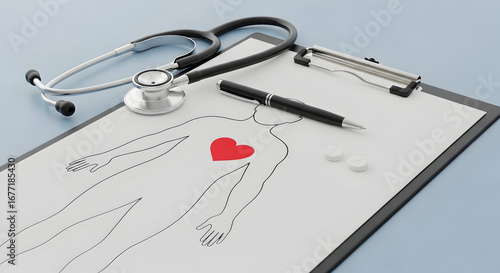 Stethoscope on medical chart with human silhouette and highlighted heart illustrating cardiology, diagnostics and health assessment