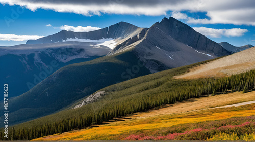 spectacular long's peak as seen on a sunny fall day along trail ridge road in  rocky mountain national park, colorado