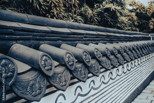 Traditional Korean Wall with Bamboo Leaves in a Temple
