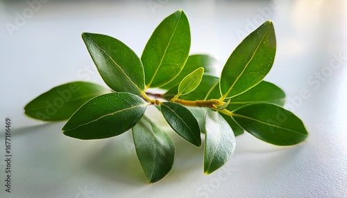 fresh green myrtle plant on a clean white surface illuminated with natural light in macro style