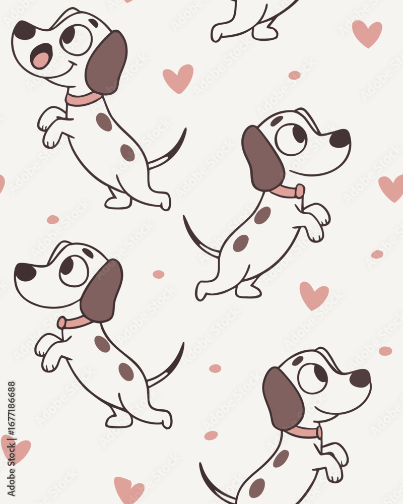 Fototapeta premium Seamless Pattern with Beagle Puppies and Hearts for Valentine’s Kids Products and Pet Decor