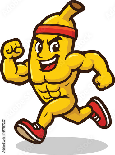 animated vector of muscular animated banana fruit, six pack abs running using running shoes