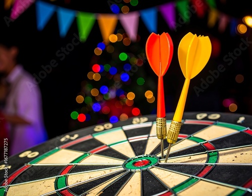 Dartboard with colorful darts