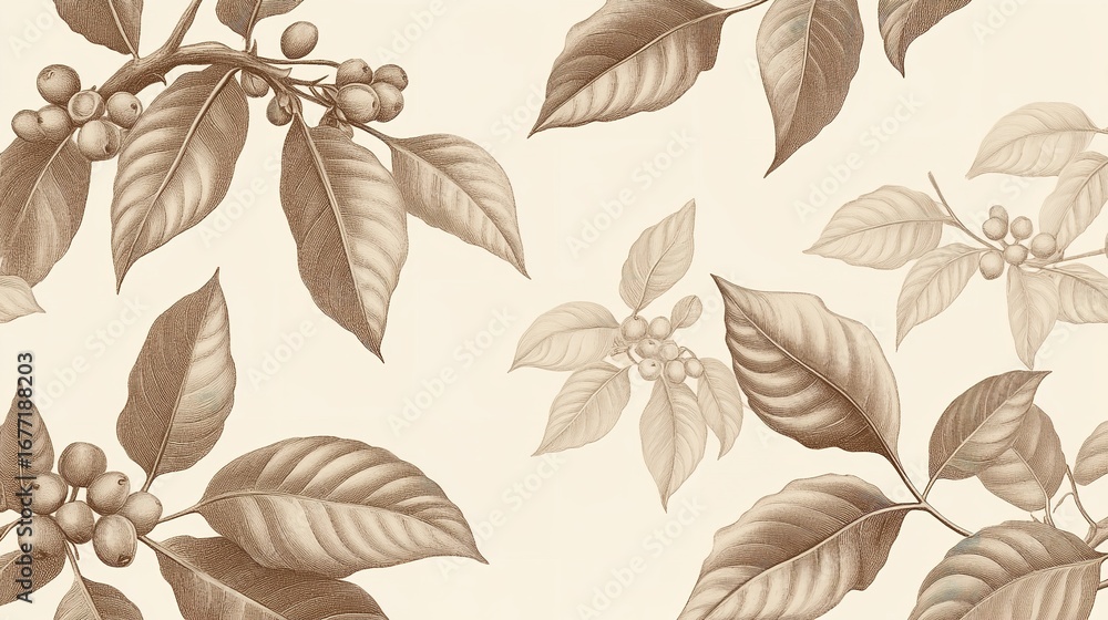 Obraz premium Sepia toned botanical illustration with leaves and berries scattered across a cream background