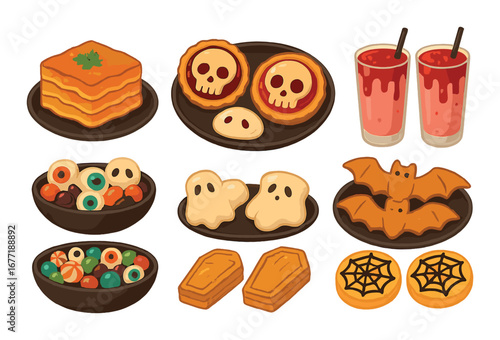 Halloween-themed treats with cookies, candy, and spooky drinks on display